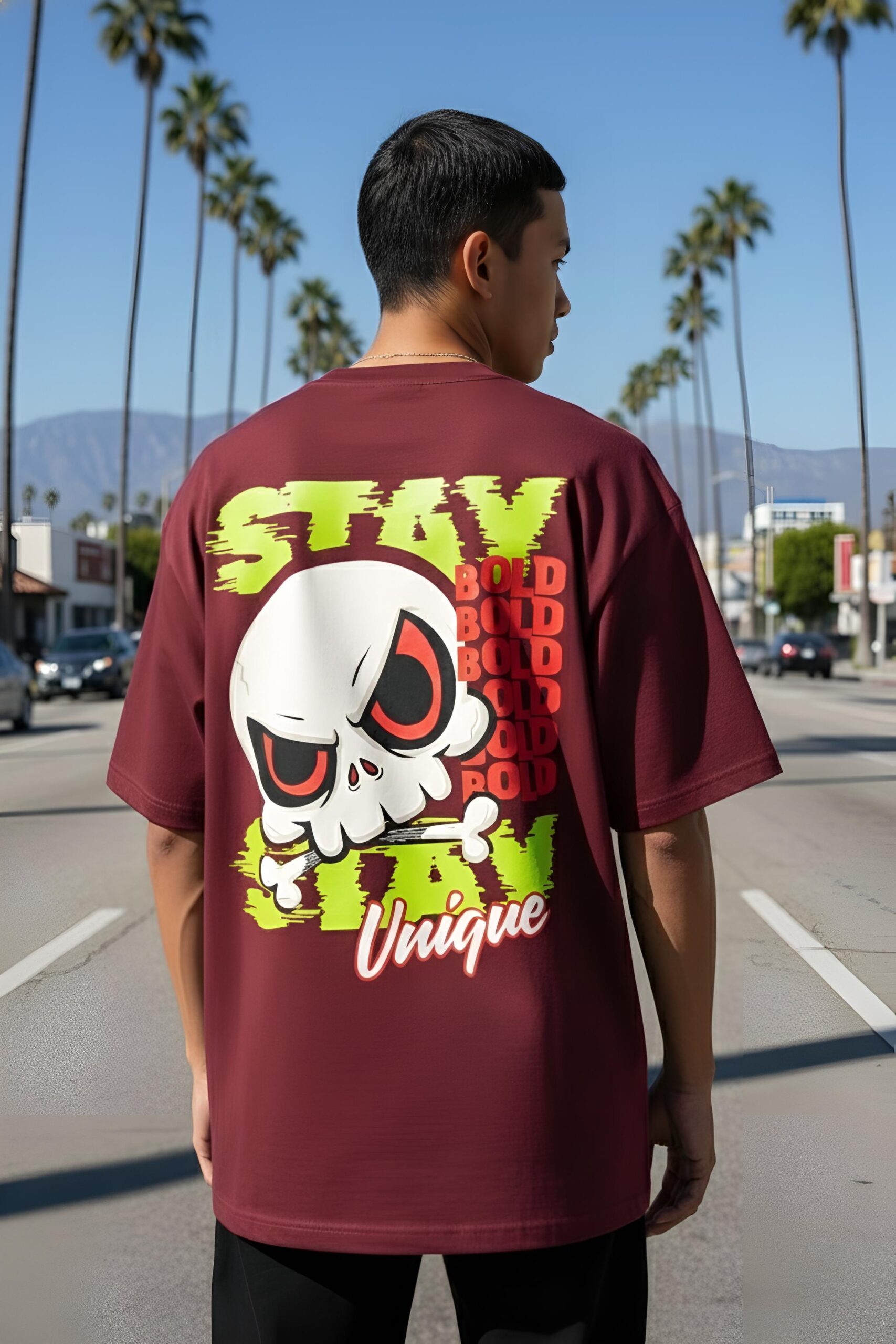 Oversized T-Shirts – Yaveddra Stay Bold Stay Unique Premium Streetwear marun Oversized T-Shirts by Yaveddra with skull graphic and Stay Bold Stay Unique print