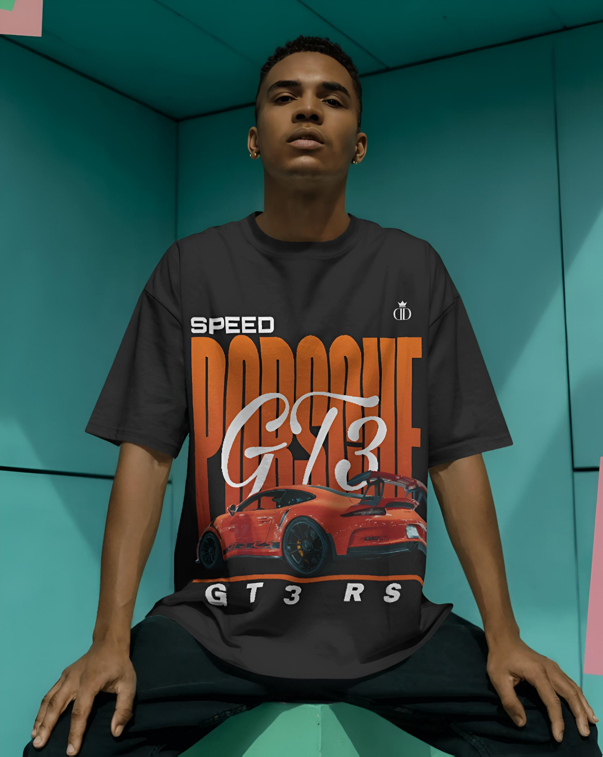 Black Porsche Oversized T-Shirt Front Design | Yaveddra Porsche Oversized T-Shirt black front minimal streetwear tee 240 GSM cotton by Yaveddra