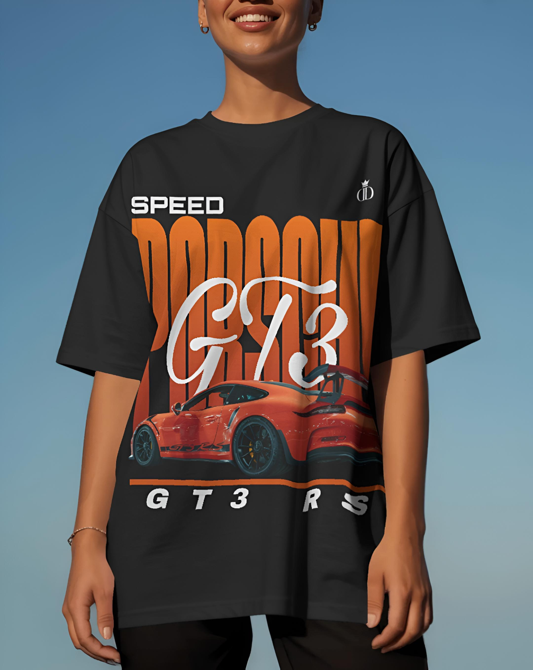 Porsche Oversized T-Shirt Women Front View | Yaveddra Porsche Oversized T-Shirt women front view black oversized streetwear tee by Yaveddra