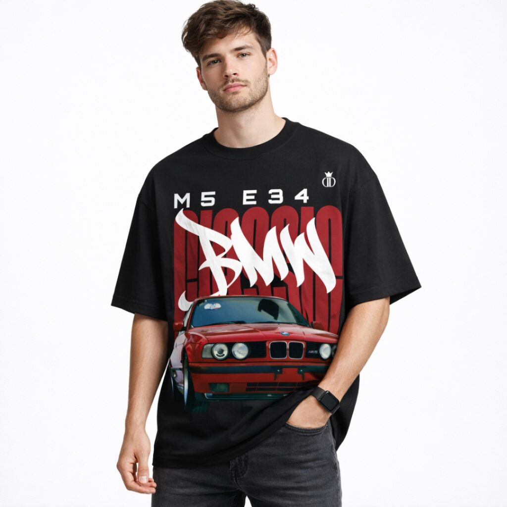 BMW M5 E34 Oversized Graphic Tee Front Design BMW M5 T-Shirts premium oversized black tee E34 graphic print front