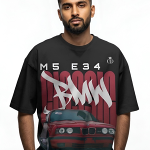 BMW M5 T-Shirts black oversized graphic tee front view E34 streetwear by Yaveddra
