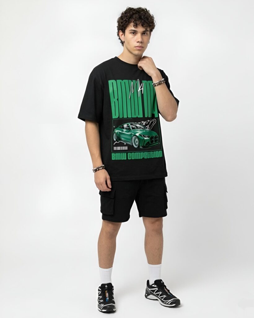 model wearing BMW M4 oversized graphic T-shirt black streetwear outfit