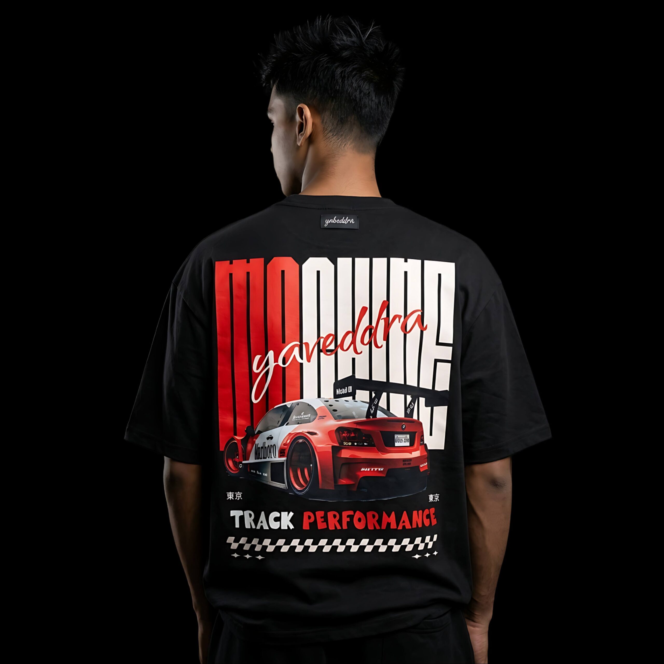 Oversized T Shirt Men back view featuring BMW Racing Car graphic Anuurag Mal Oversized T Shirt Men back view featuring BMW Racing Car graphic Anuurag Mal