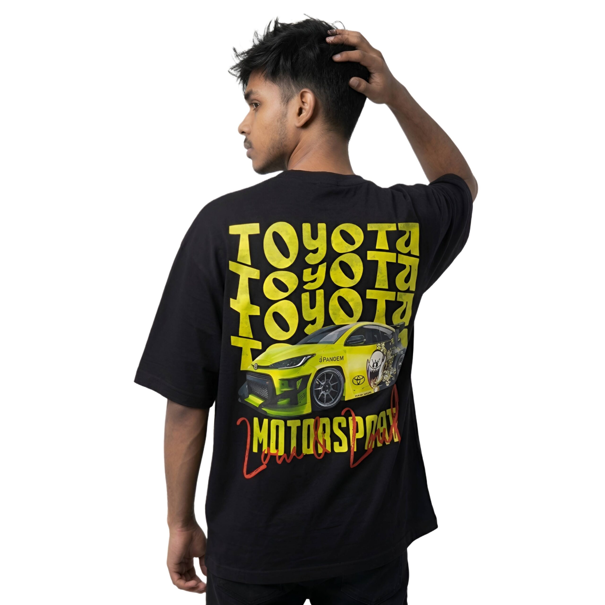 Yaveddra Oversized Car Graphic T Shirt Men Streetwear Style Best Oversized T Shirt Men Printed Car Graphic Tee angled back view streetwear t-shirt Yaveddra Anuurag Mal