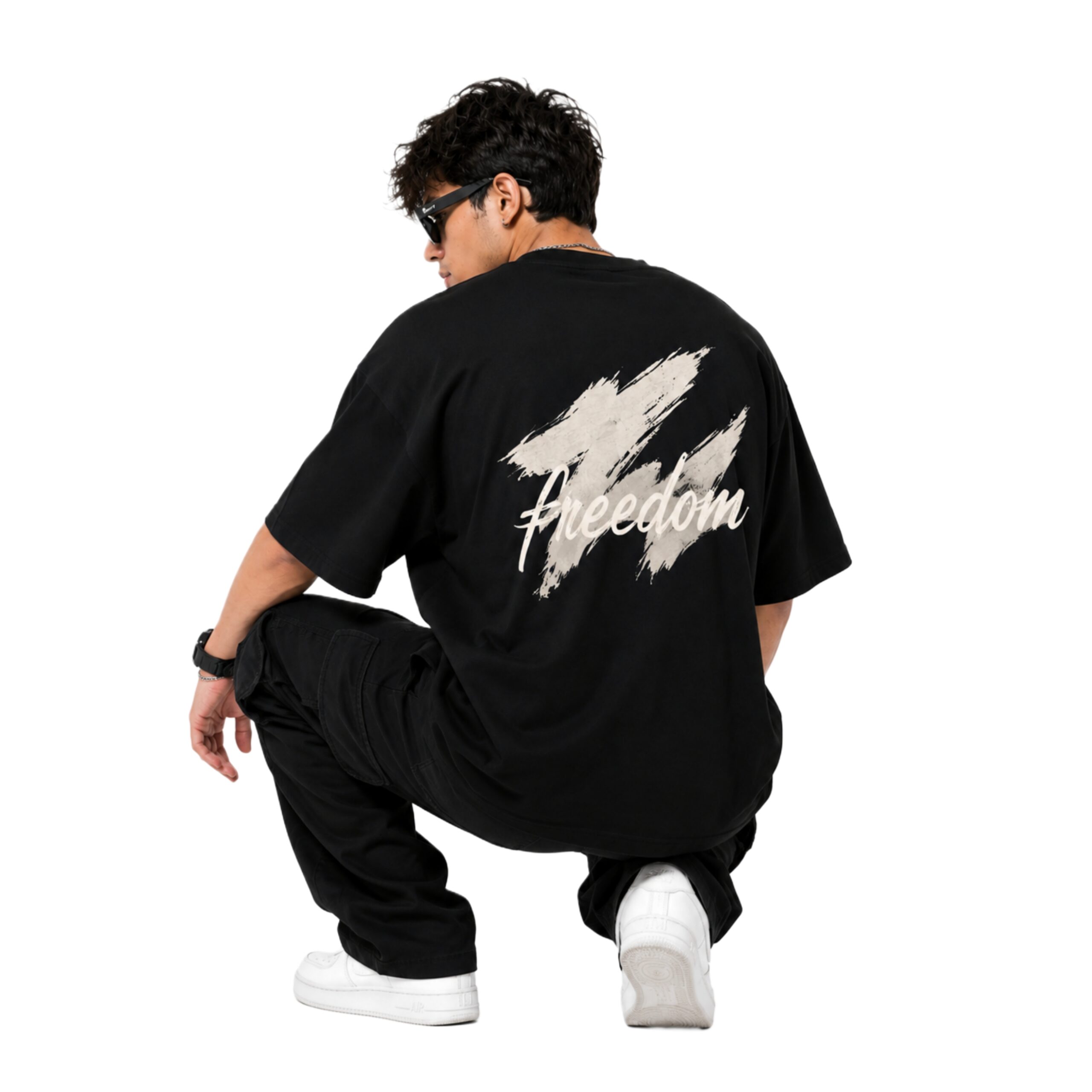 Freedom Oversized Graphic T Shirt Back View Freedom Oversized Graphic T Shirt back print sitting pose black streetwear tee