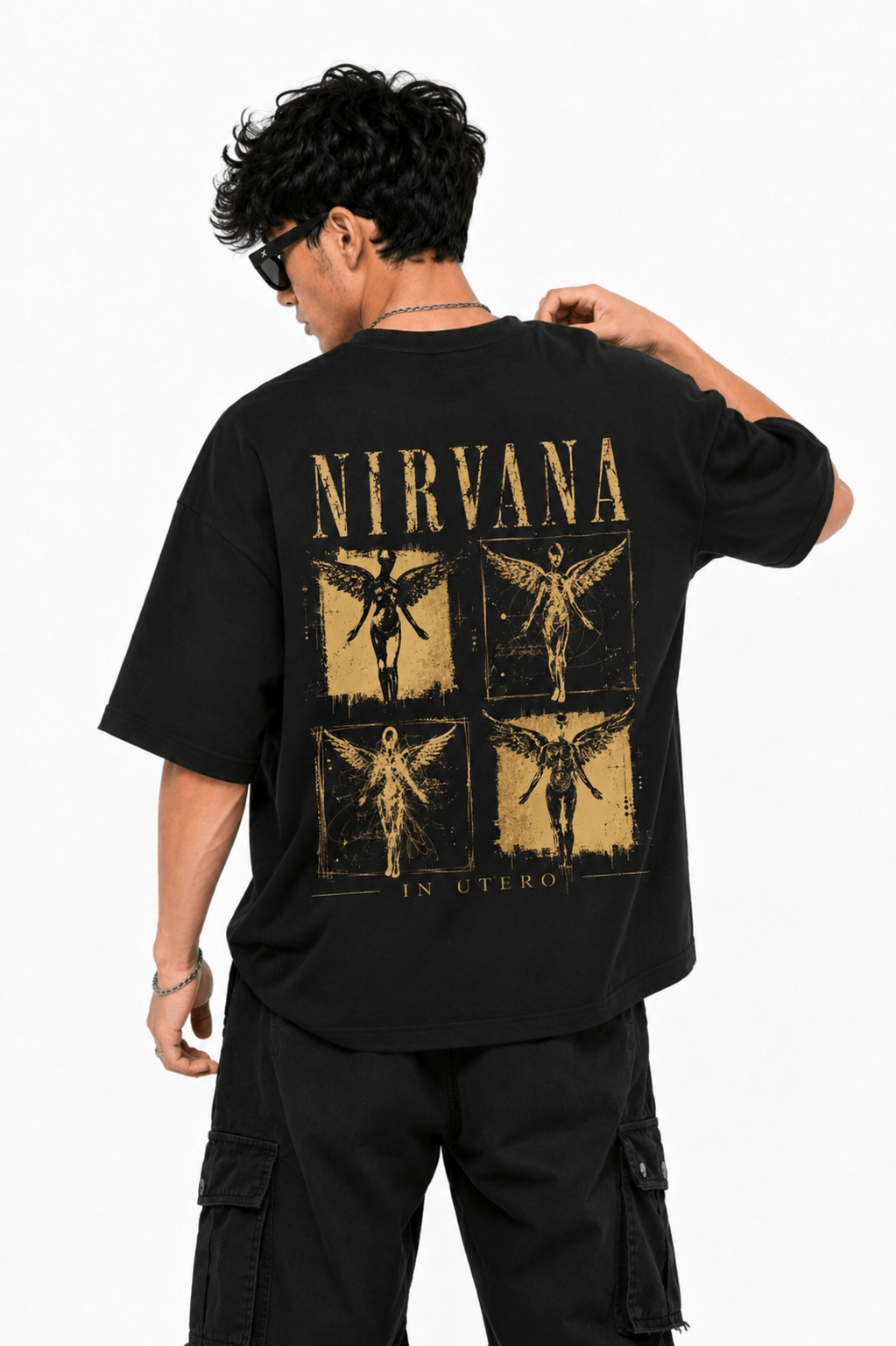 Vintage Nirvana Men Oversized Printed T-Shirt Back View Vintage Nirvana Men Oversized Printed T-Shirt black oversized streetwear back graphic print