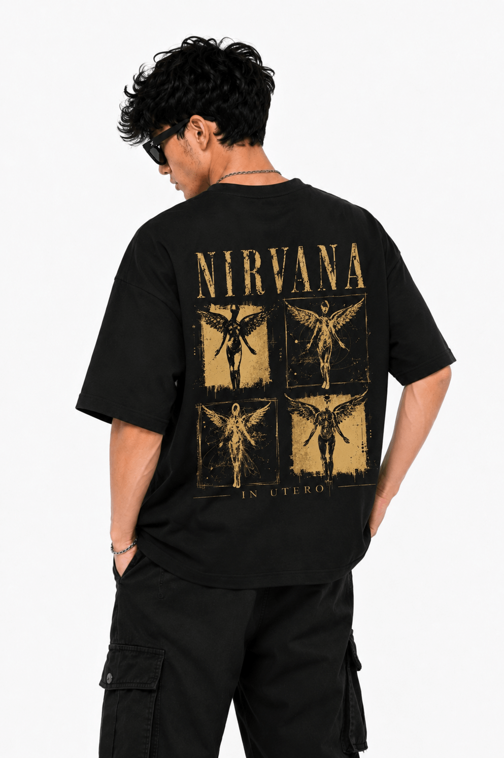 Vintage Nirvana Men Oversized Printed T-Shirt Back Angle Vintage Nirvana Men Oversized Printed T-Shirt black graphic oversized tee side back view