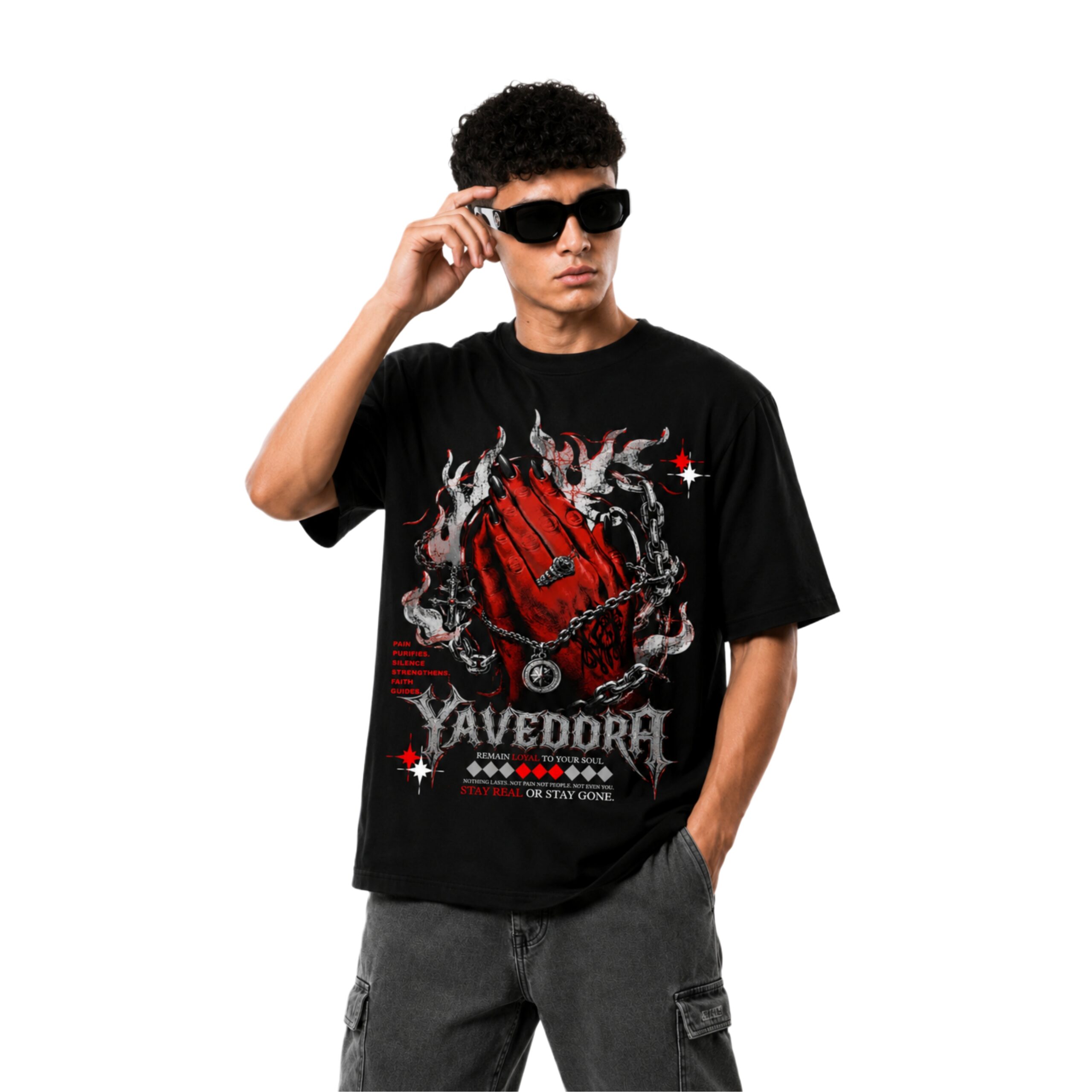 Front View โ Praying Hands Graphic Oversized T Shirt Praying Hands Graphic Oversized T Shirt