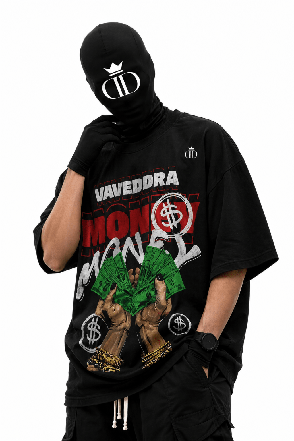 Home Model wearing Money Oversized T-Shirt in streetwear pose